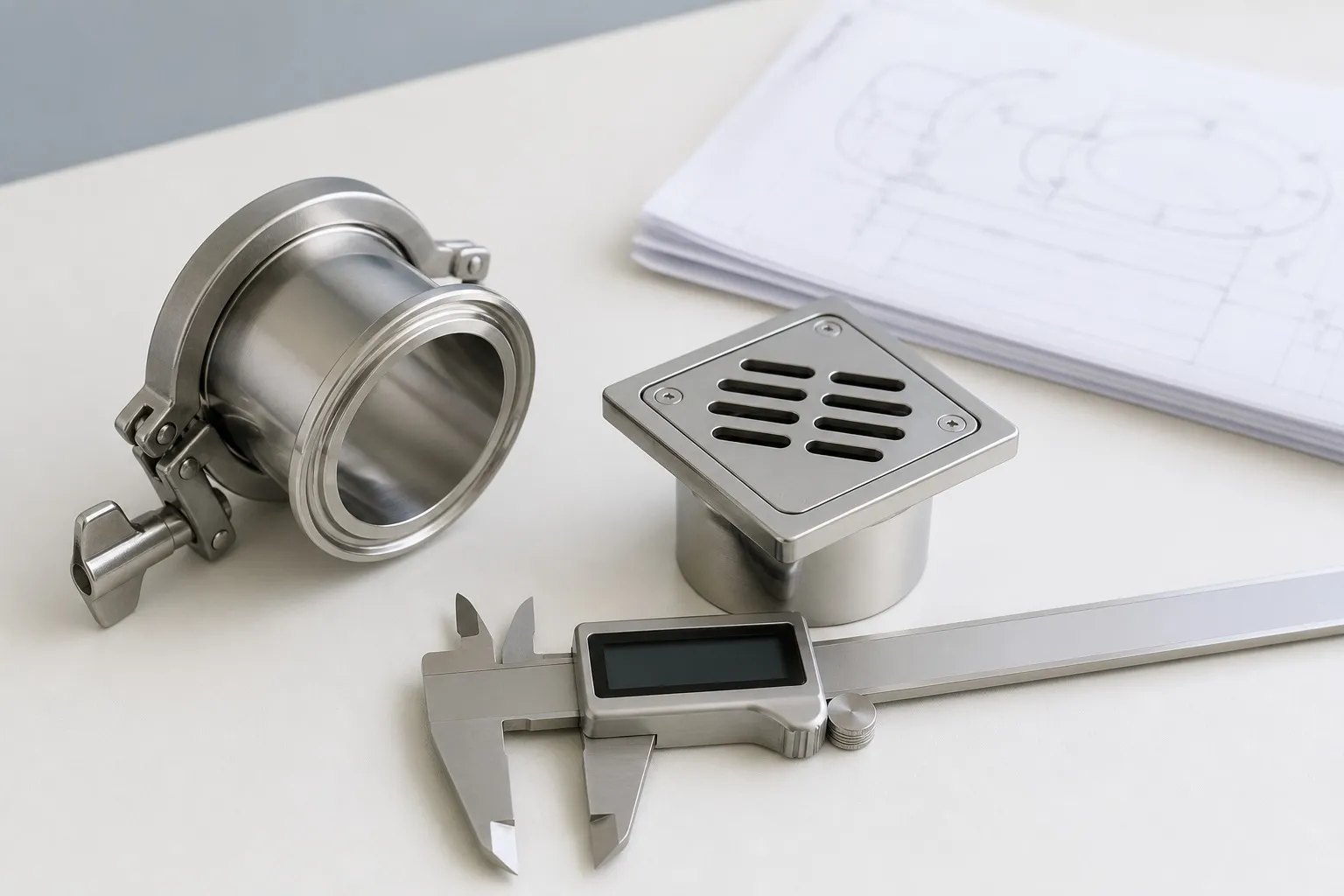 A sanitary tri-clamp fitting and a square floor drain trap on a bench beside a vernier caliper and a drawing