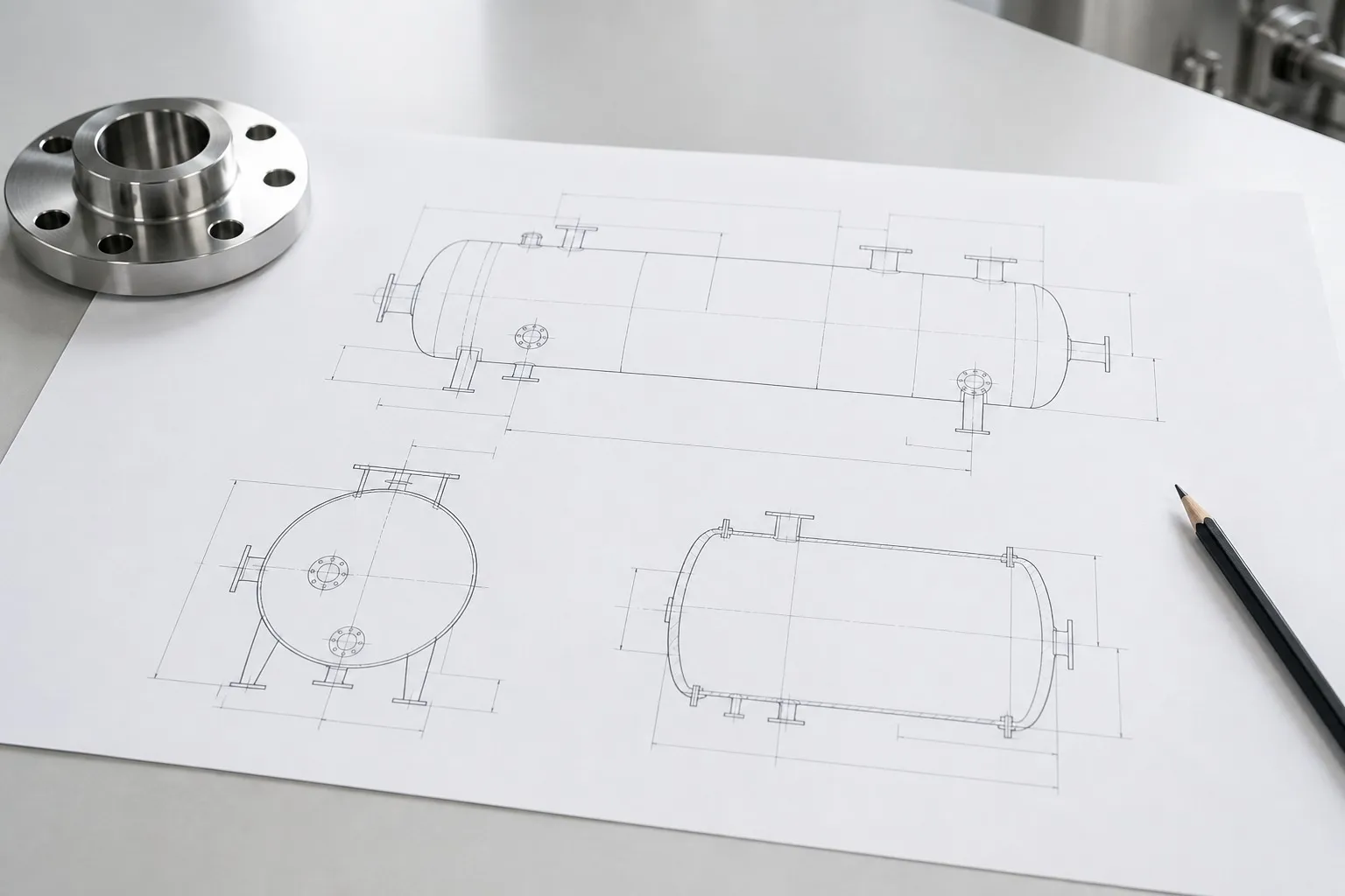 A general-arrangement drawing of a cylindrical vessel on a drafting table, weighted down by a polished flange