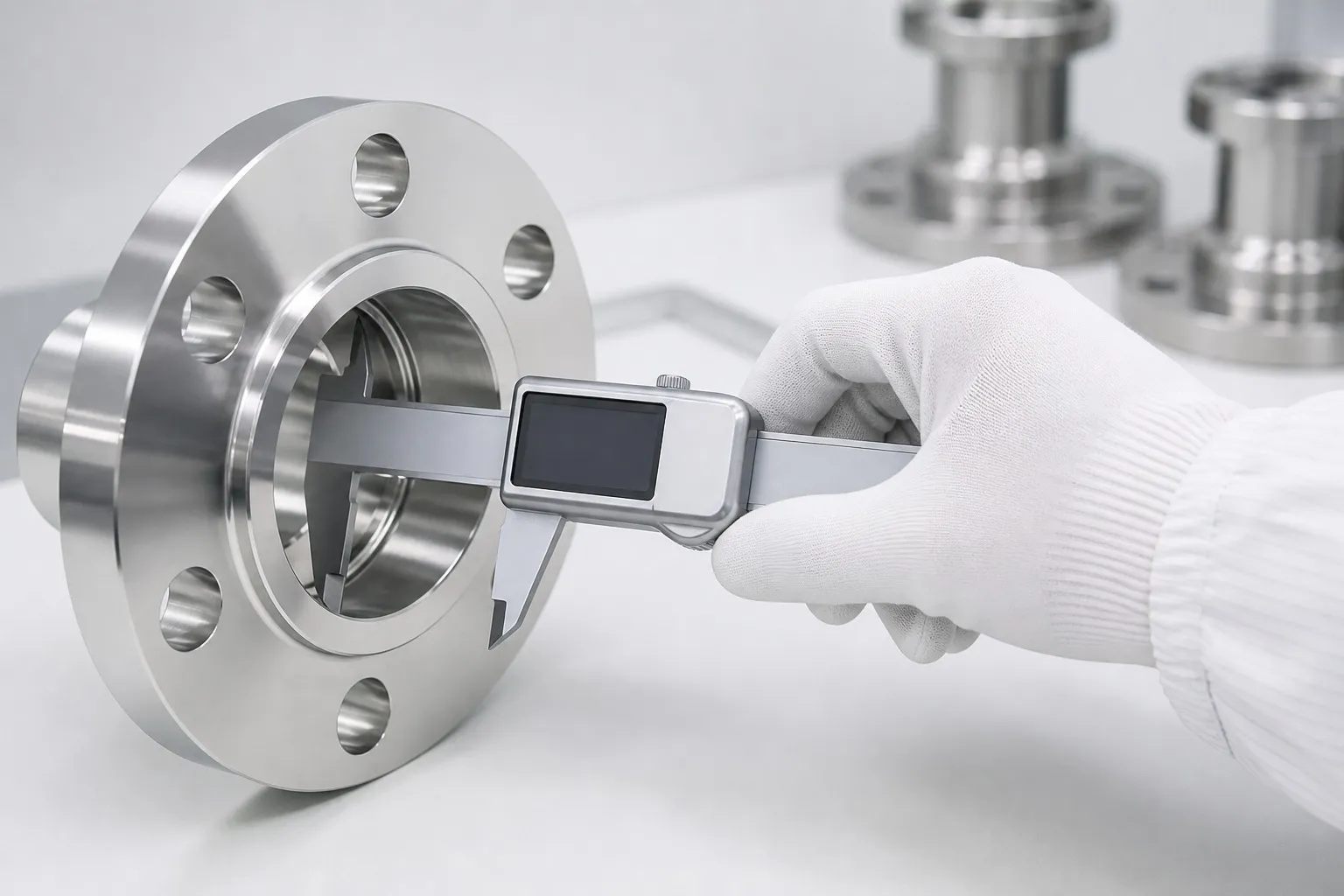 A gloved hand measuring the bore of a mirror-polished sanitary flange with a digital caliper