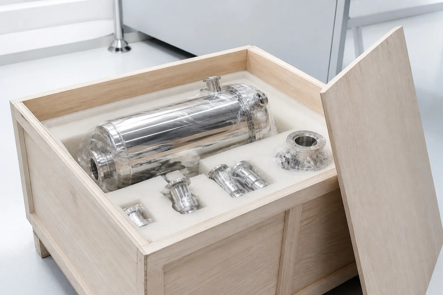 Stainless components wrapped in protective film and packed in foam inside a wooden export crate